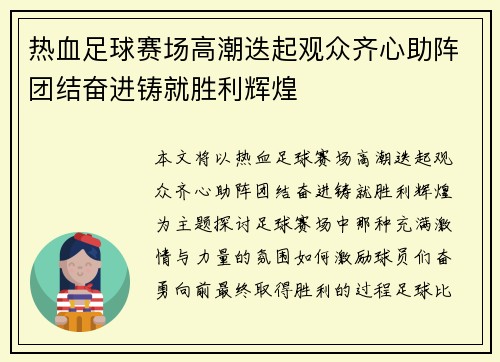 热血足球赛场高潮迭起观众齐心助阵团结奋进铸就胜利辉煌