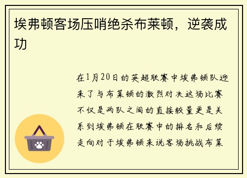 埃弗顿客场压哨绝杀布莱顿，逆袭成功