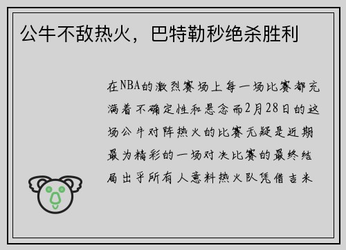 公牛不敌热火，巴特勒秒绝杀胜利