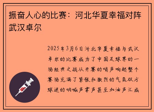 振奋人心的比赛：河北华夏幸福对阵武汉卓尔