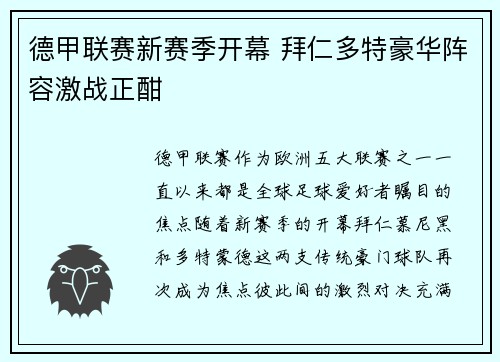 德甲联赛新赛季开幕 拜仁多特豪华阵容激战正酣