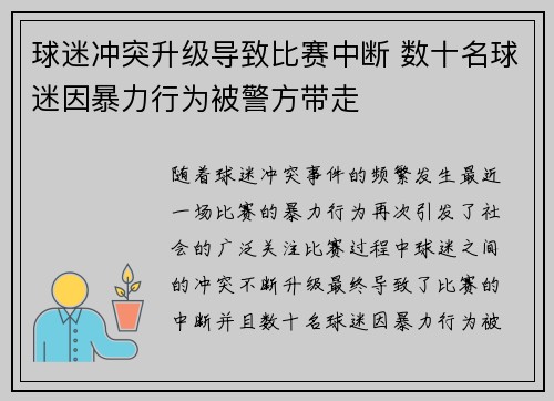 球迷冲突升级导致比赛中断 数十名球迷因暴力行为被警方带走